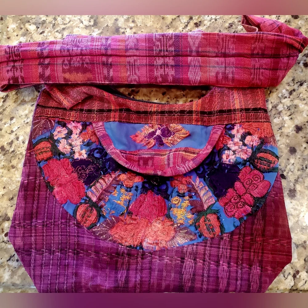 Crossbody Cotton Blend Multicolor Embroidered Hobo Bag Inner & Outer Pockets - Picture 2 of 8